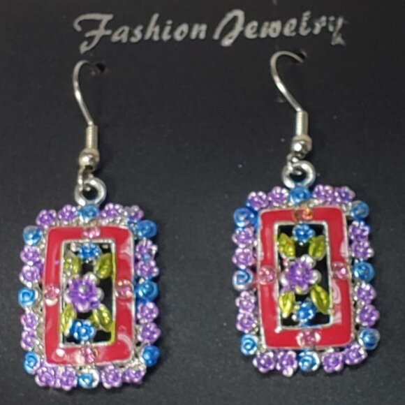Red - Crystal Floral Drop Earrings – Silver-Tone Statement Jewelry 2-inch - Picture 4 of 7